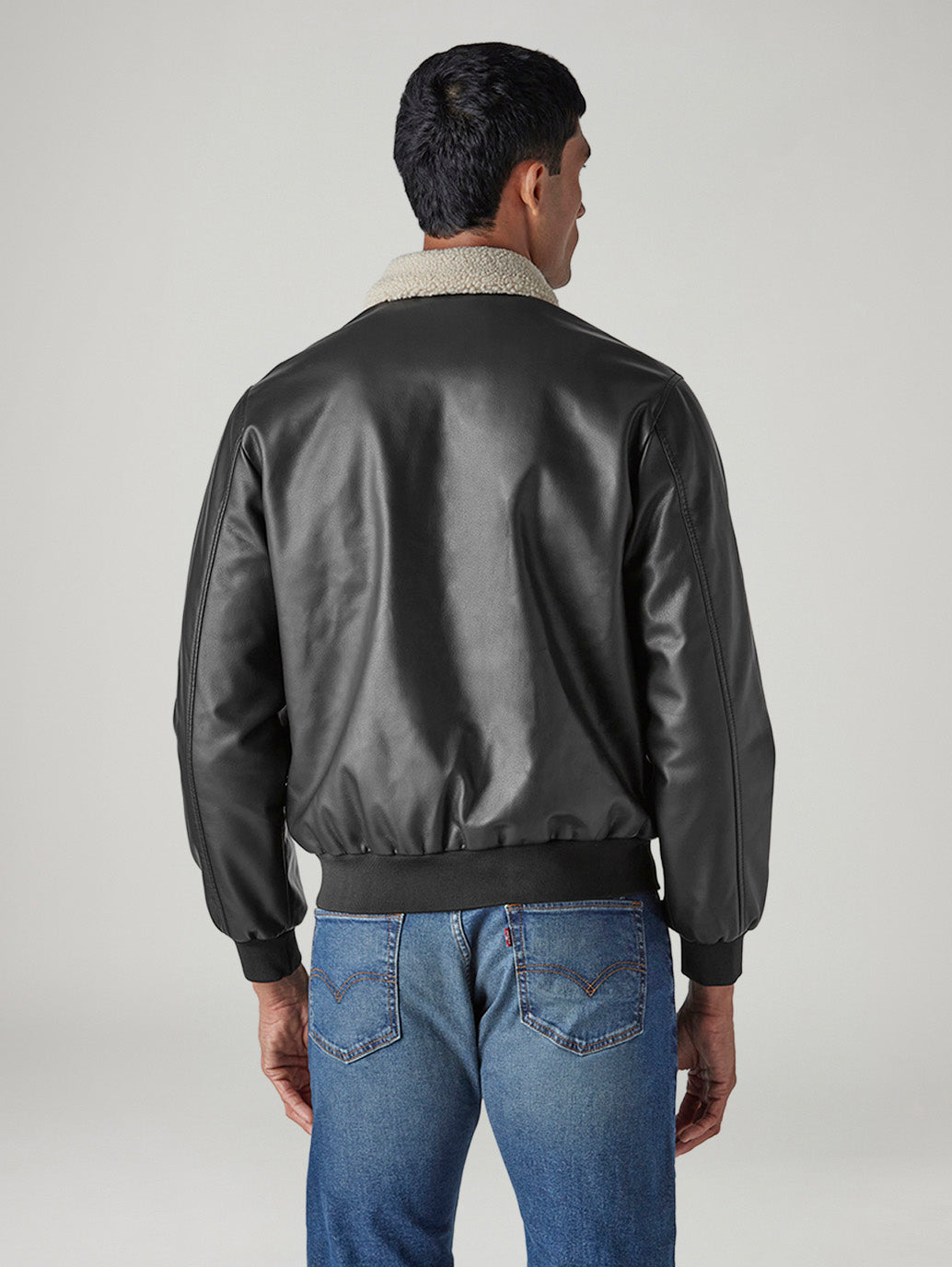 Men's Solid Regular Faux Leather Jacket - Back View