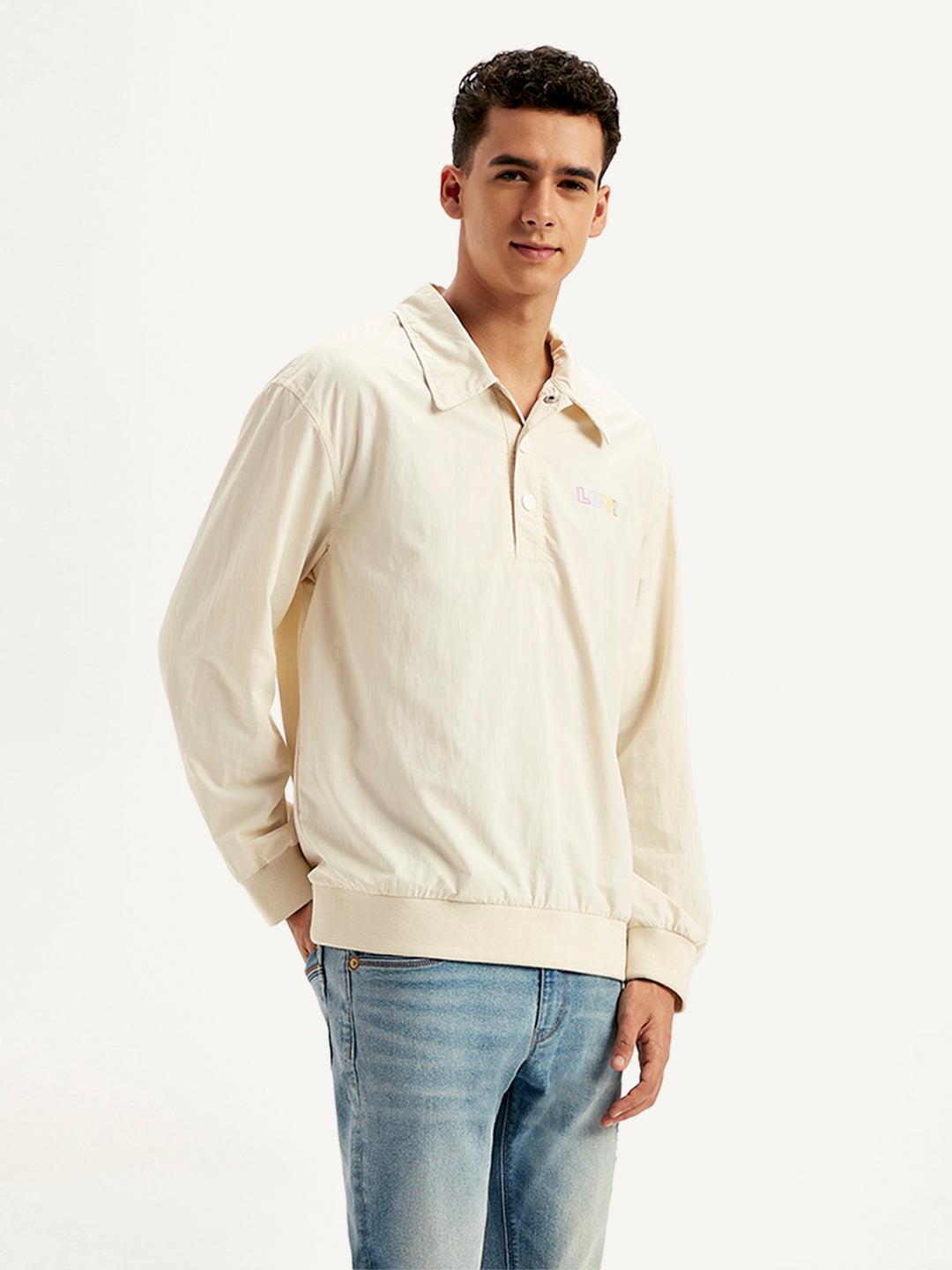 Men's Solid Cream Spread Collar Tailored Jacket - Side View