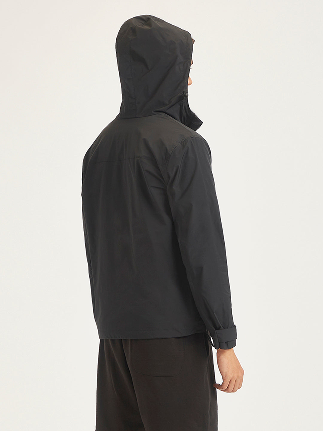 Men's Solid Black Hooded Tailored Jacket - Back View