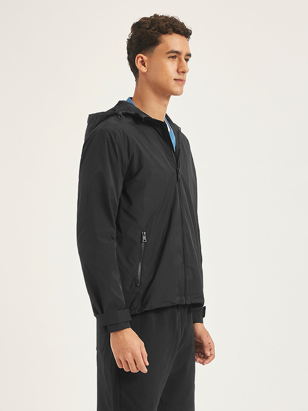 Men's Solid Black Hooded Tailored Jacket - Side View