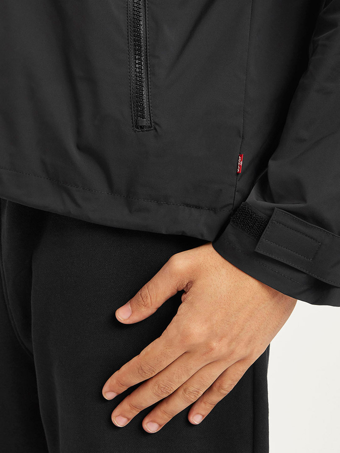 Men's Solid Black Hooded Tailored Jacket - Detail View