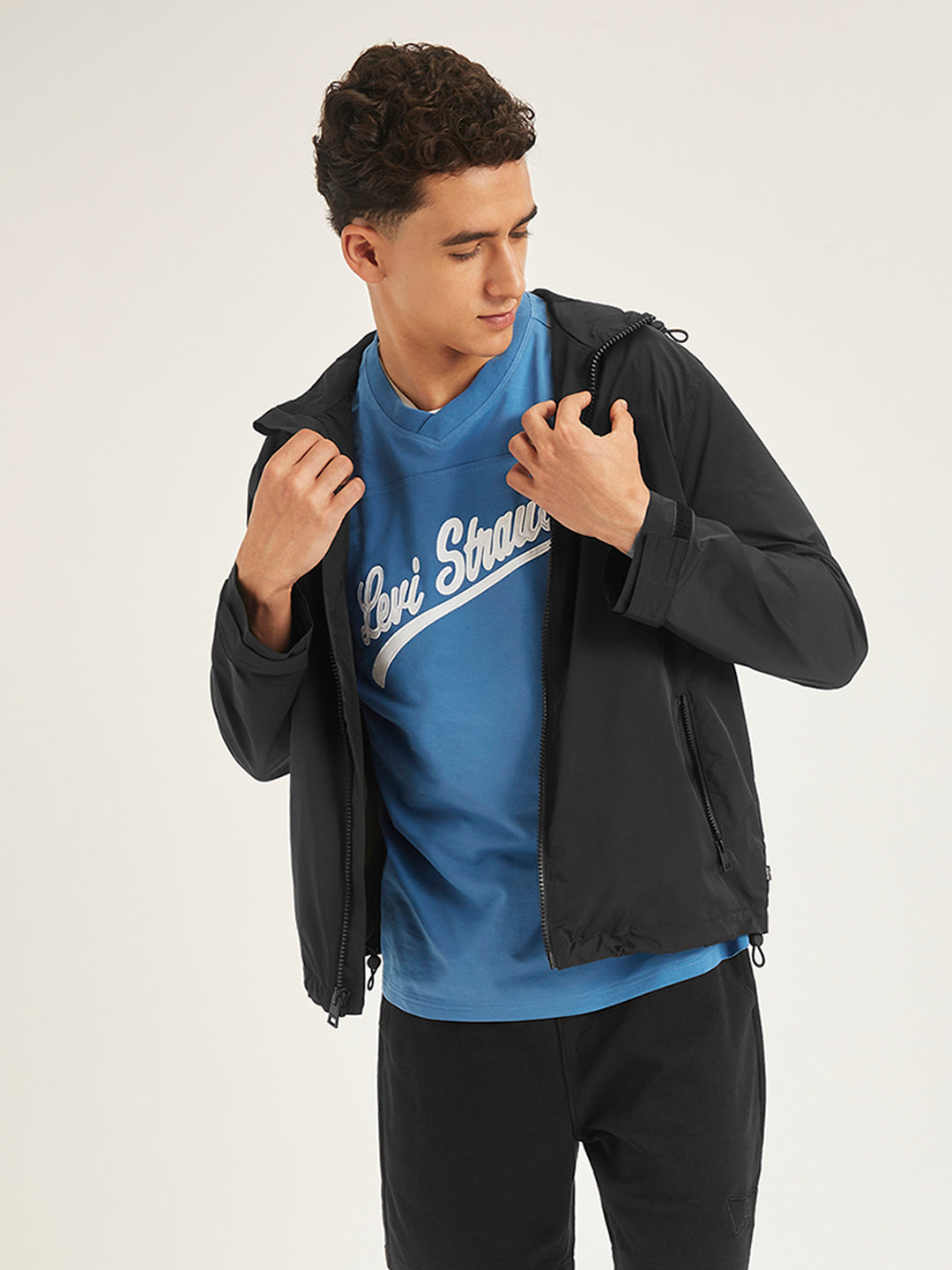 Men's Solid Black Hooded Tailored Jacket - Styleshot View