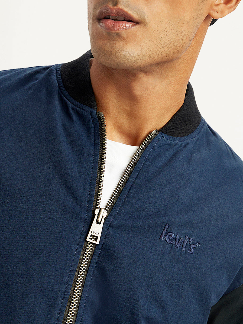 Men's Colorblock Navy Bomber Jacket - Detail View