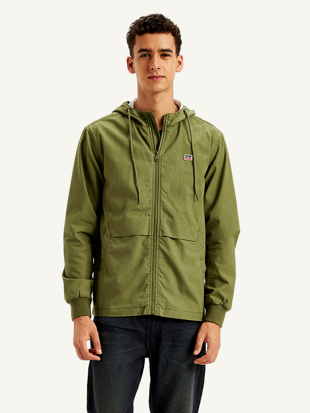 Men's Solid Olive Hooded Tailored Jacket - Front View