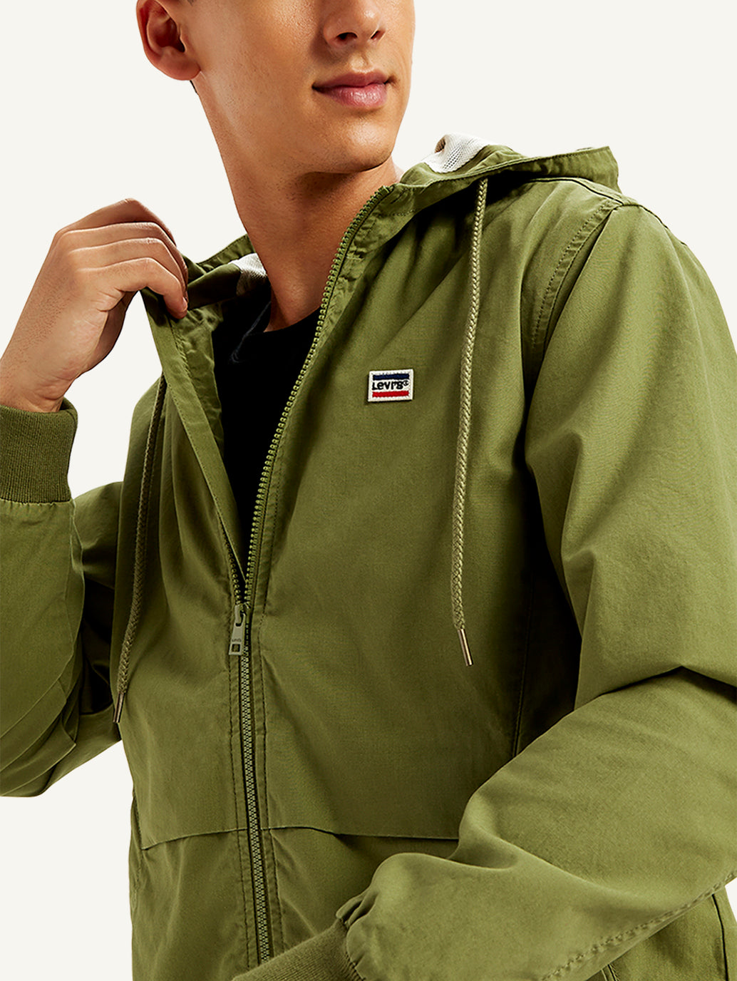 Men's Solid Olive Hooded Tailored Jacket - Detail View