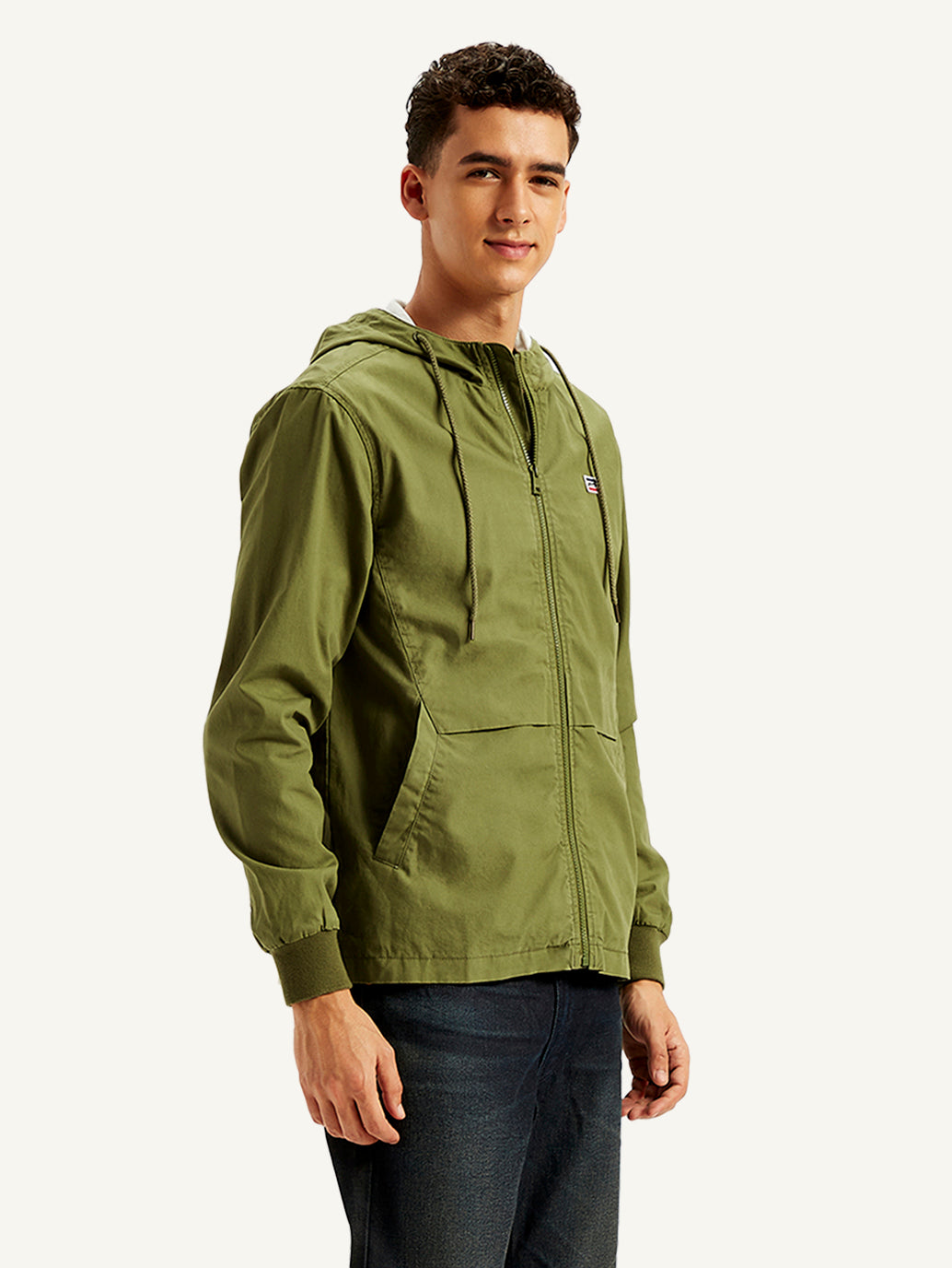Men's Solid Olive Hooded Tailored Jacket - Side View
