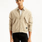 Men's Solid Beige Spread Collar Bomber Jacket - Front View