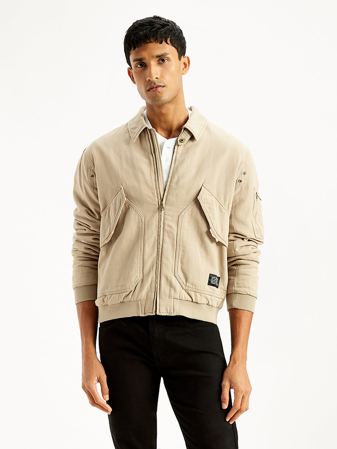 Men's Solid Beige Spread Collar Bomber Jacket - Front View