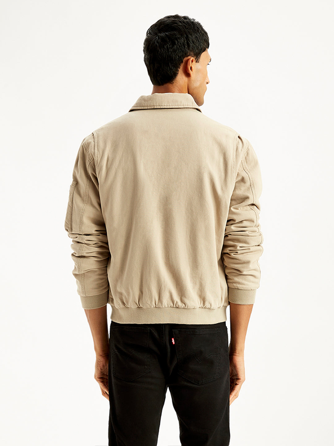Men's Solid Beige Spread Collar Bomber Jacket - Back View