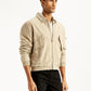 Men's Solid Beige Spread Collar Bomber Jacket - Side View
