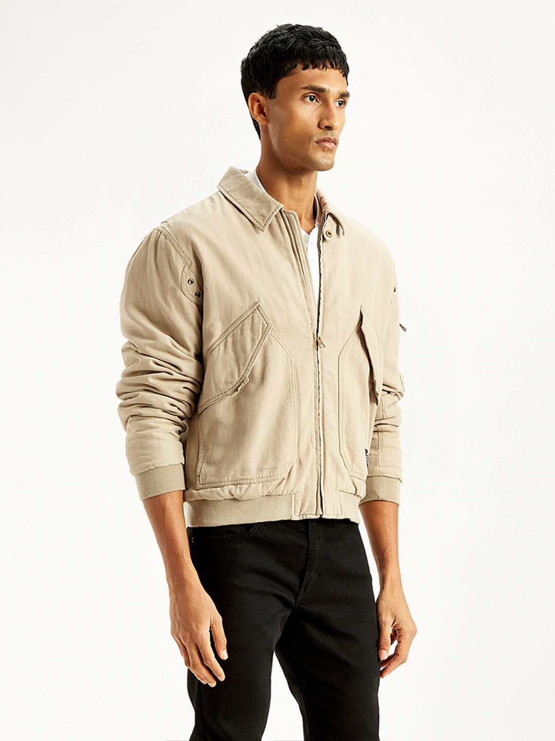 Men's Solid Beige Spread Collar Bomber Jacket - Side View