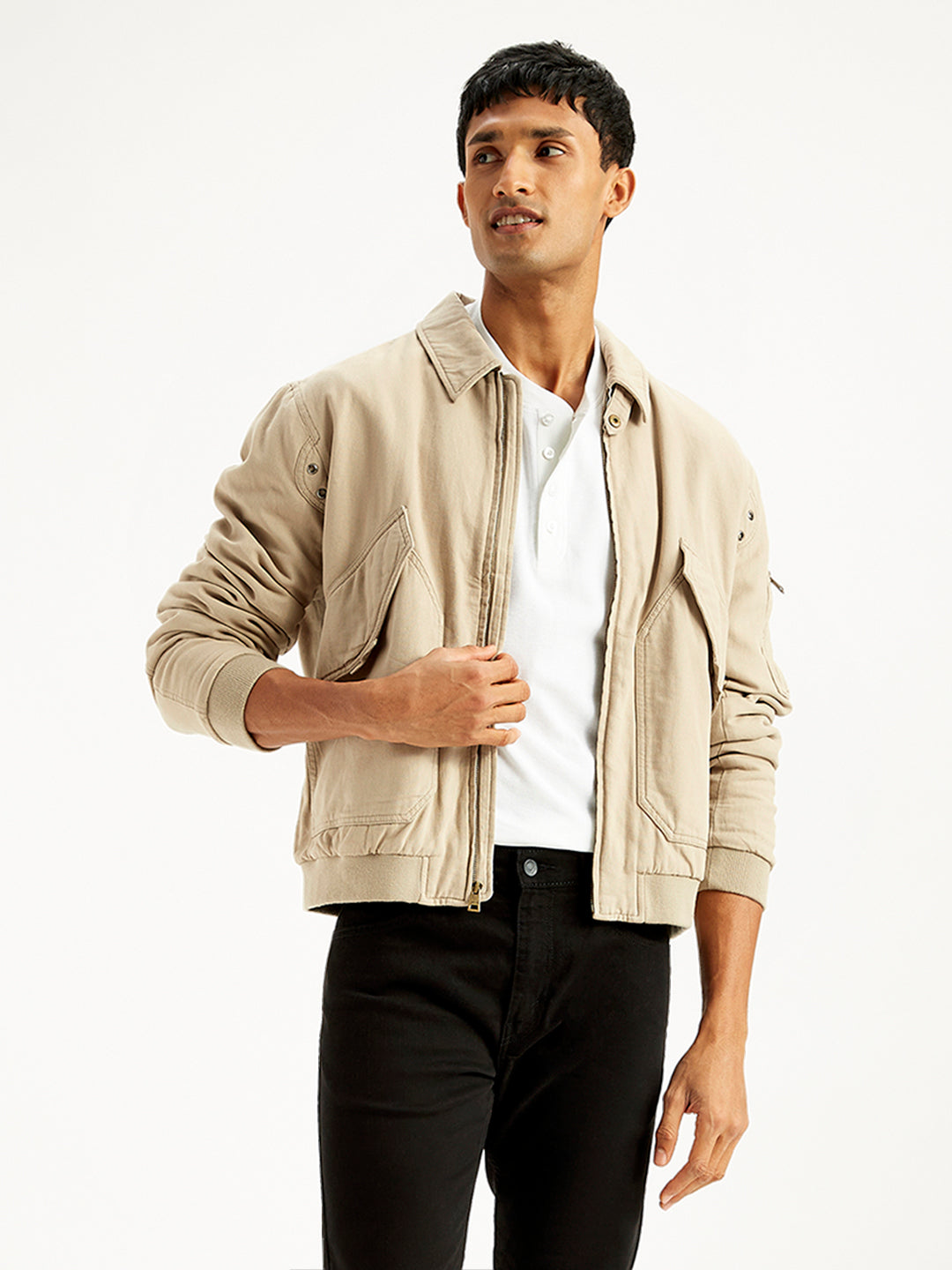 Men's Solid Beige Spread Collar Bomber Jacket - Styleshot View