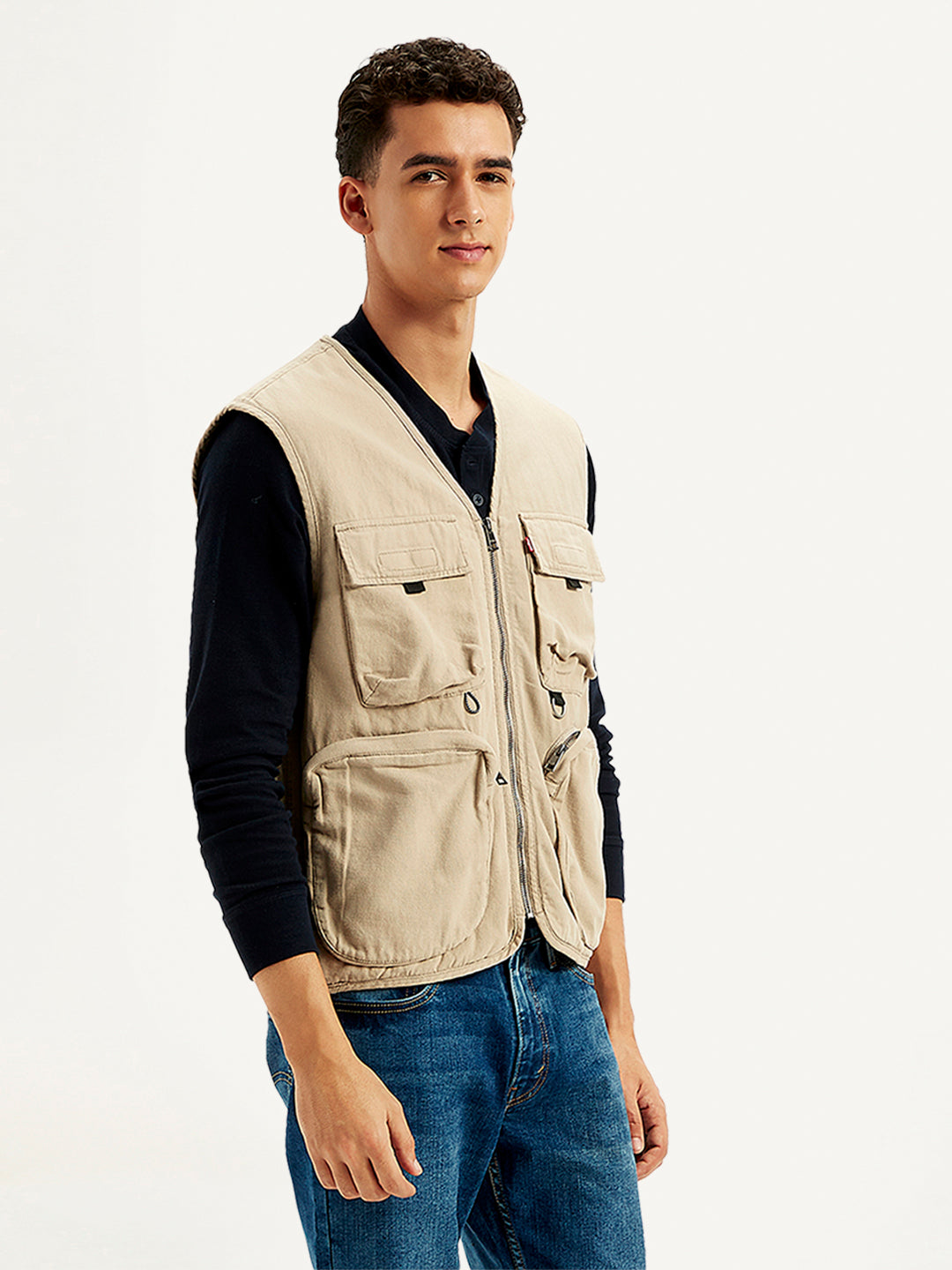 Men's Solid Beige V Neck Jacket