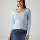 Women's Solid Light Blue Slim Fit Ribbed Top - Front View