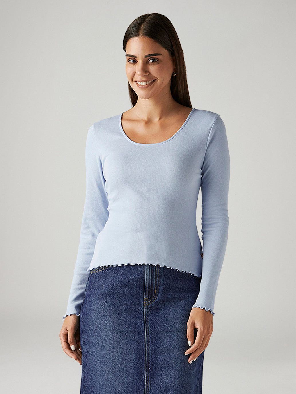 Women's Solid Light Blue Slim Fit Ribbed Top - Front View