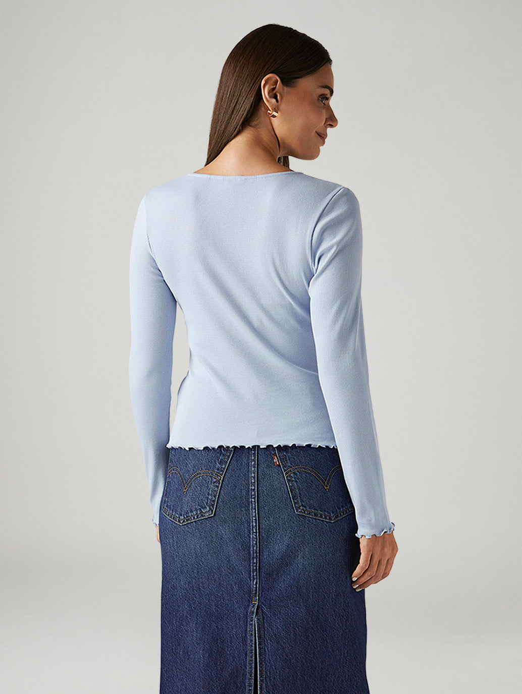 Women's Solid Light Blue Slim Fit Ribbed Top - Back View