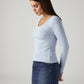 Women's Solid Light Blue Slim Fit Ribbed Top - Side View