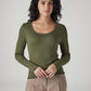 Women's Solid Olive Scoop Neck Ribbed Top - Front View
