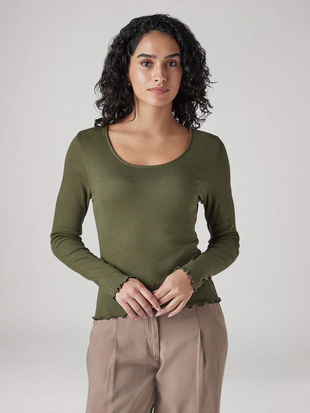 Women's Solid Olive Scoop Neck Ribbed Top - Front View