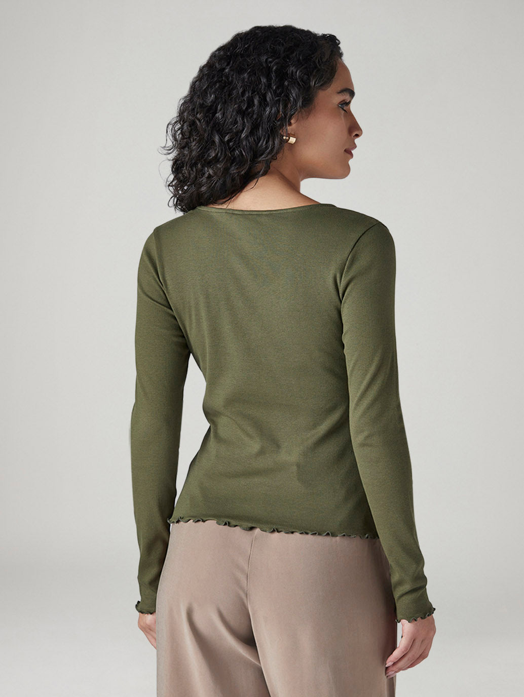 Women's Solid Olive Scoop Neck Ribbed Top - Back View