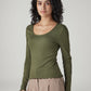 Women's Solid Olive Scoop Neck Ribbed Top - Side View