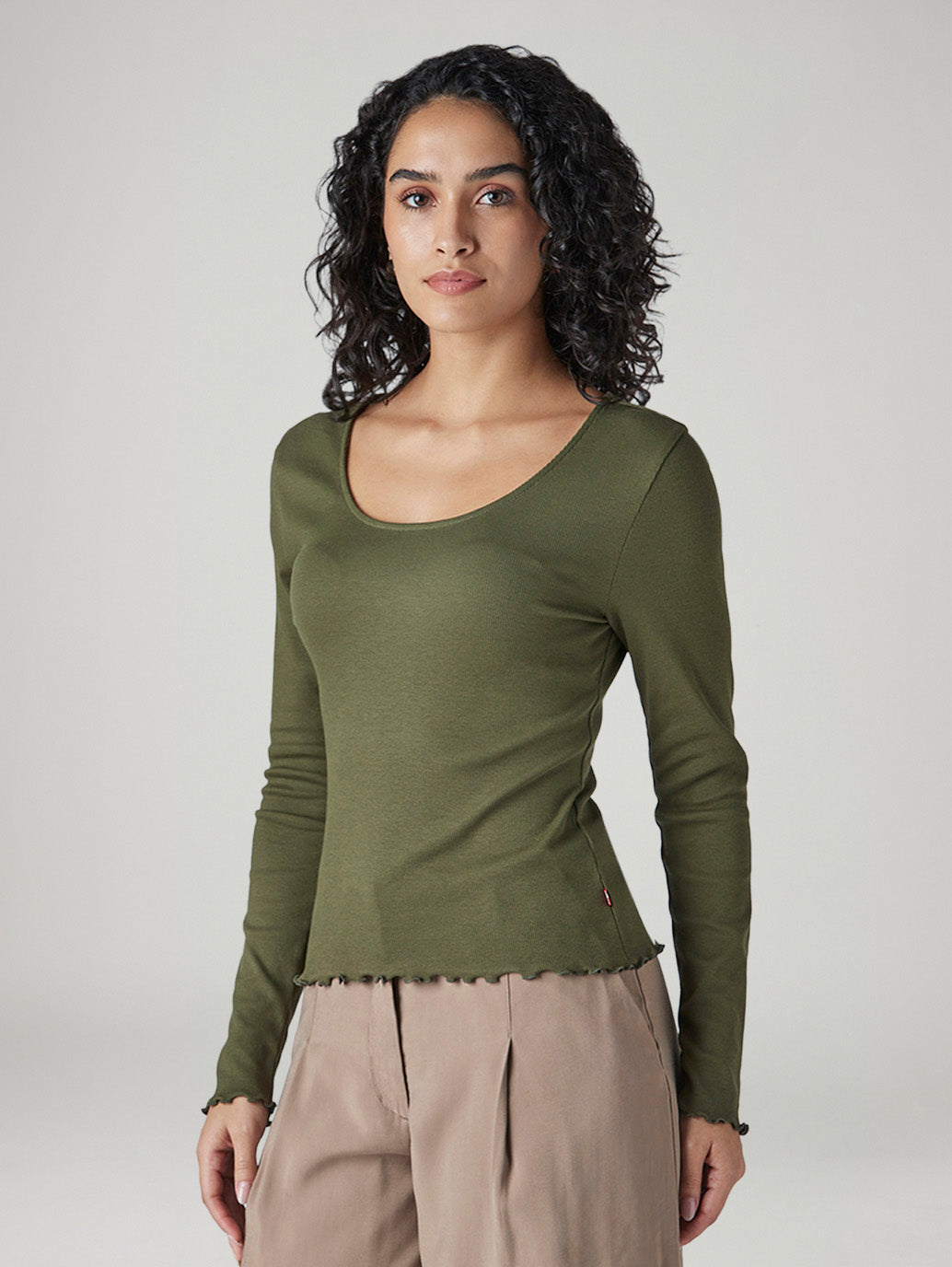 Women's Solid Olive Scoop Neck Ribbed Top - Side View