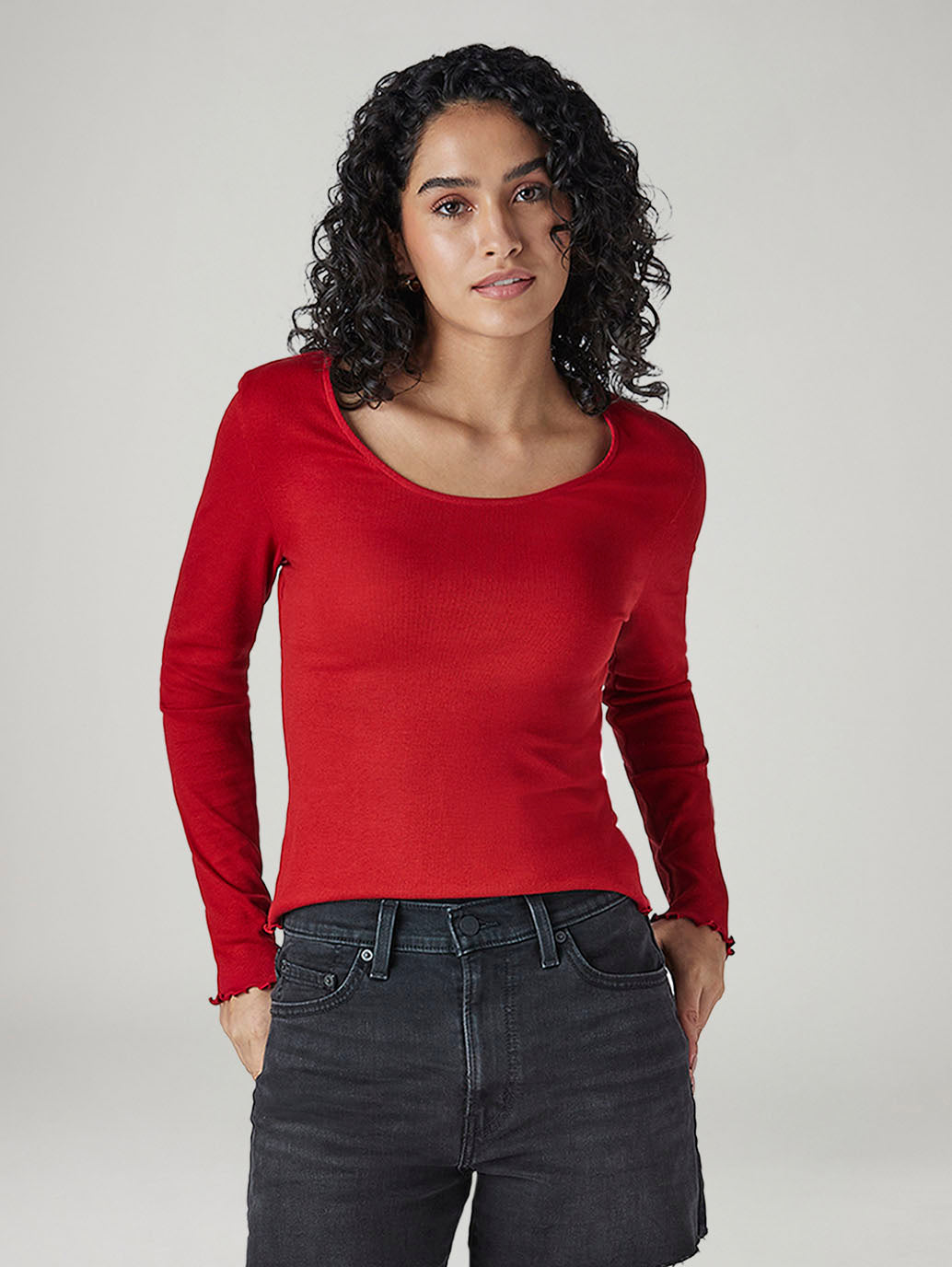 Women's Solid Red Scoop Neck Ribbed Top