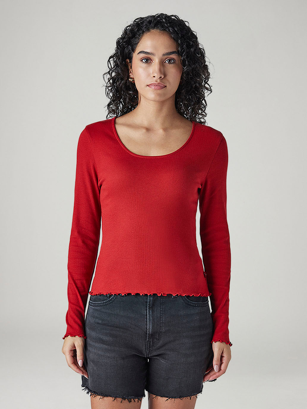 Women's Solid Red Scoop Neck Ribbed Top - 20 View