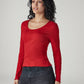 Women's Solid Red Scoop Neck Ribbed Top - 20 View