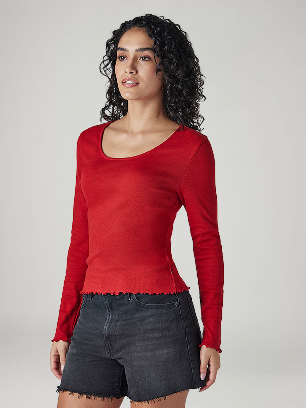 Women's Solid Red Scoop Neck Ribbed Top - 20 View