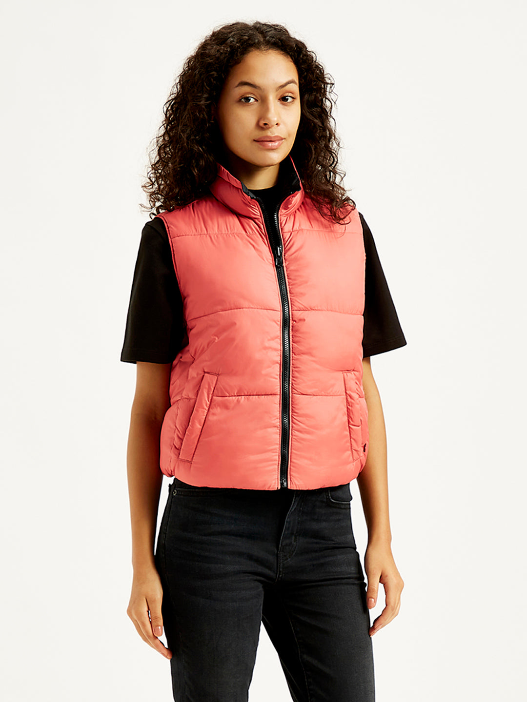 Women's Quilted Peach High Neck Puffer Jacket - Side View