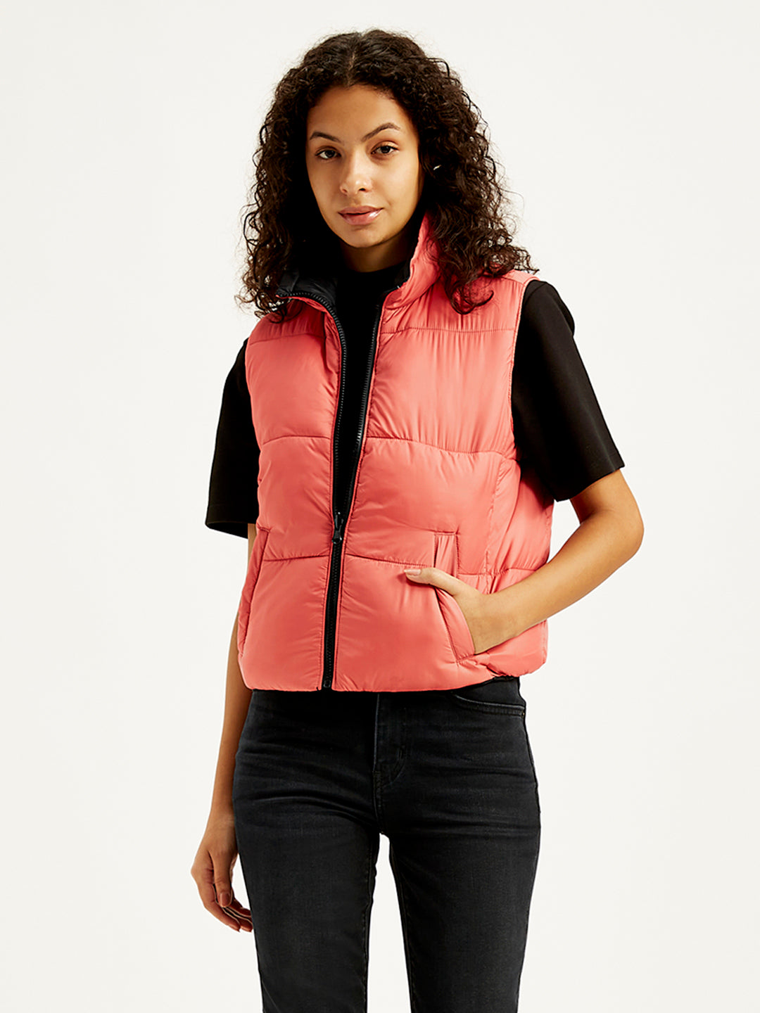 Women's Quilted Peach High Neck Puffer Jacket - Styleshot View