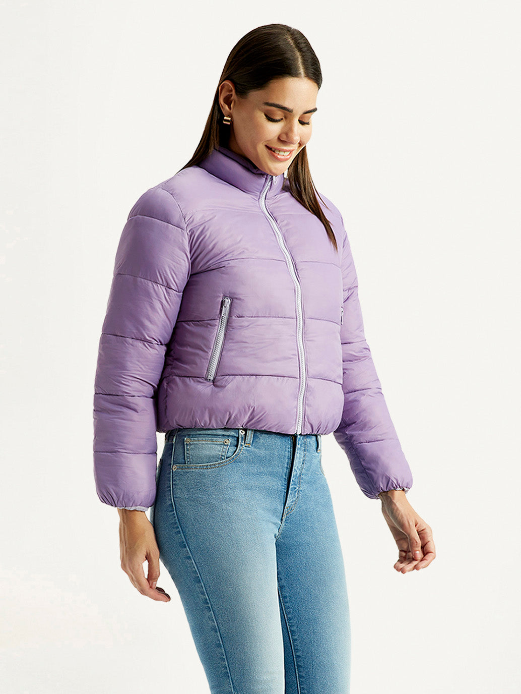 Women's Quilted Purple Puffer Jacket - Side View