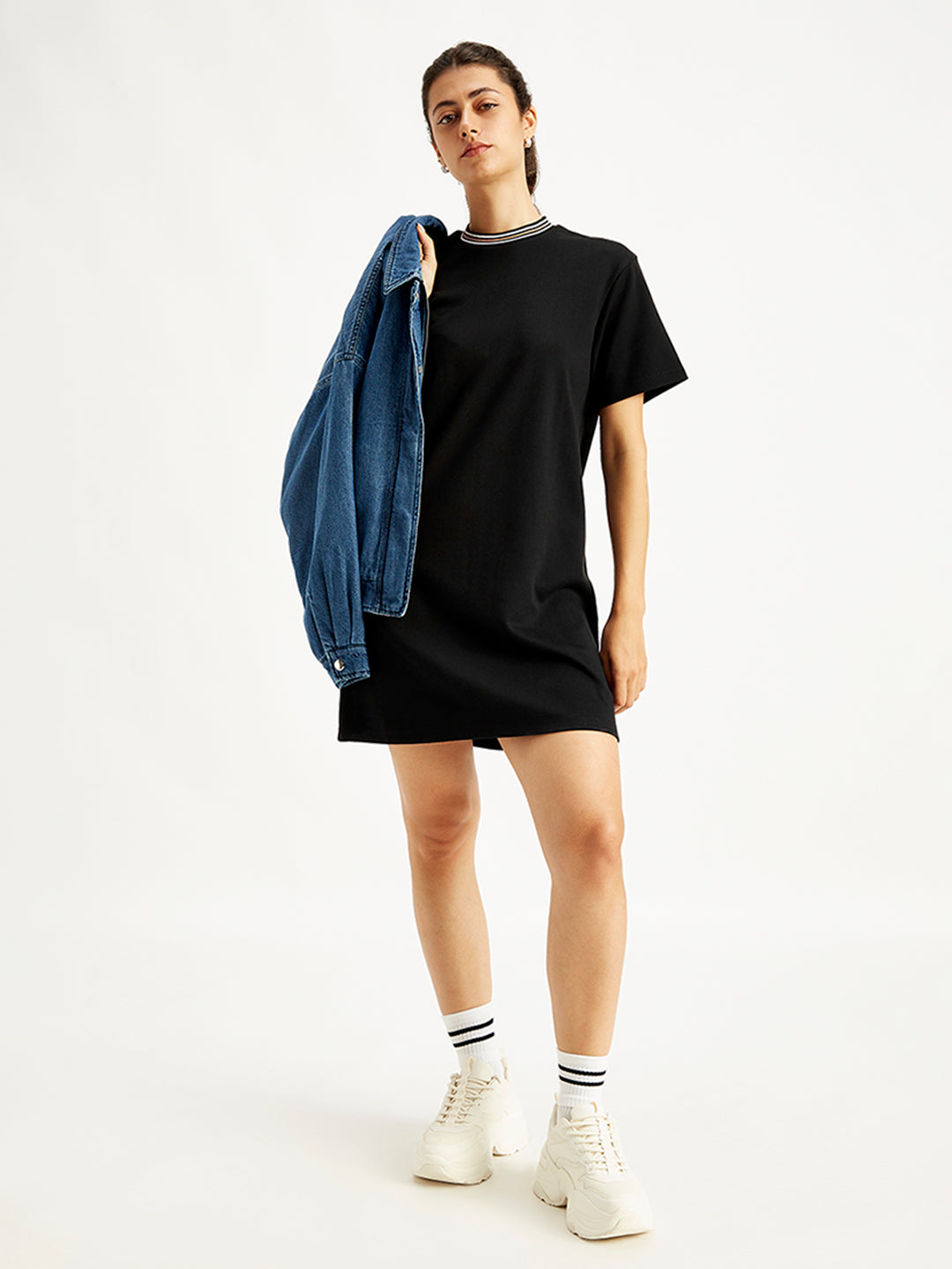 Women's Solid Black Crew Neck Dress - Styleshot View