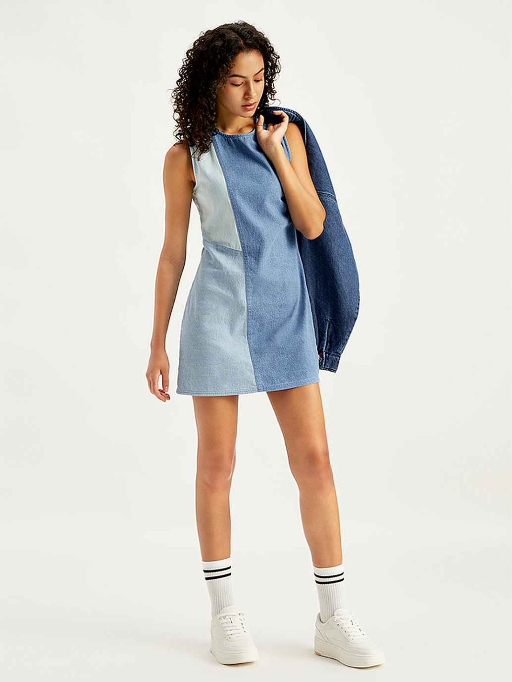 Women's Colorblock Blue Round Neck Mini Denim Dress - 3716edce-fc05-434f-a045-db2fb47a157d View