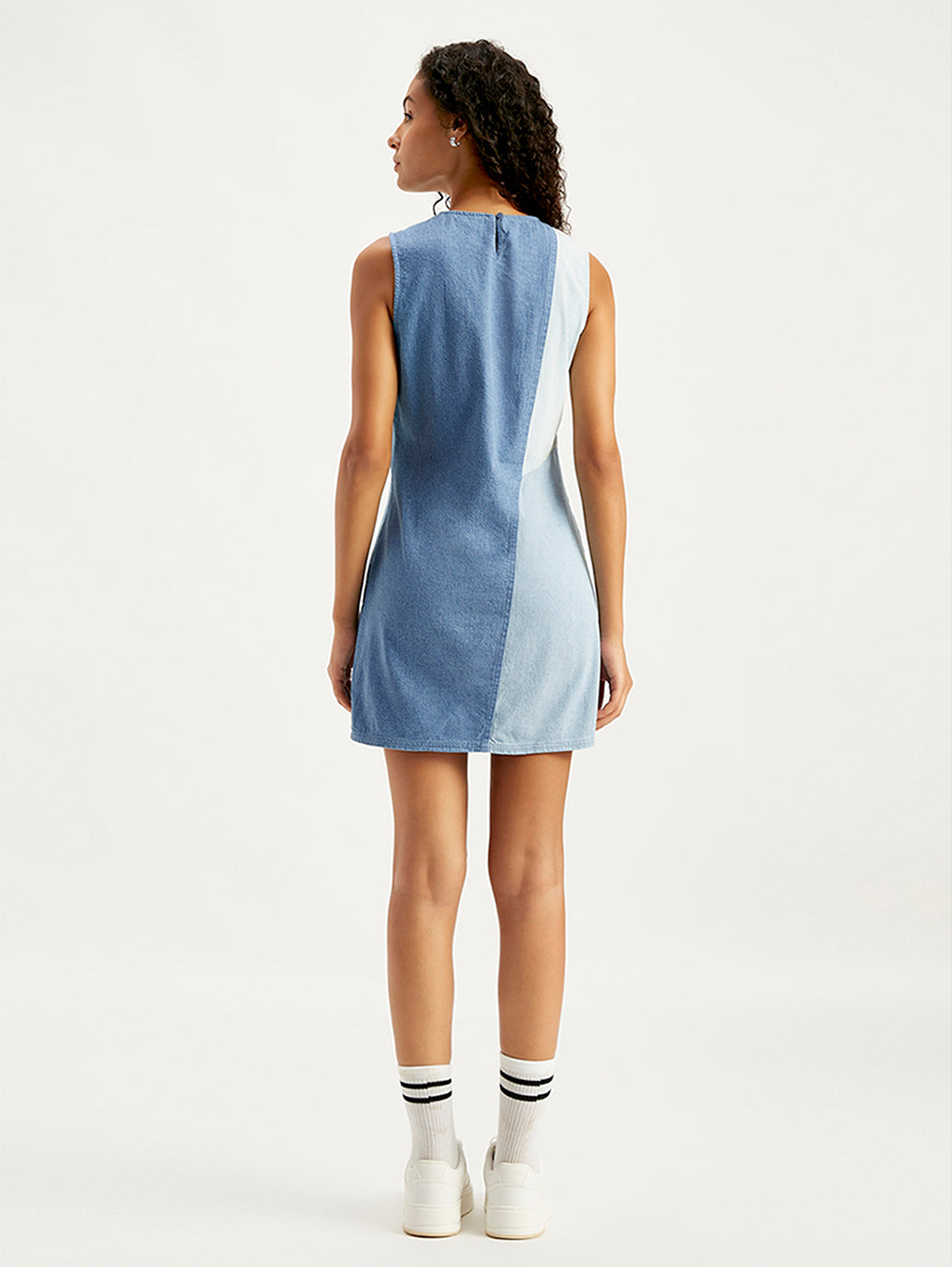Women's Colorblock Blue Round Neck Mini Denim Dress - 0dea4d69-3533-4e8b-af72-3fad31d3b0aa View