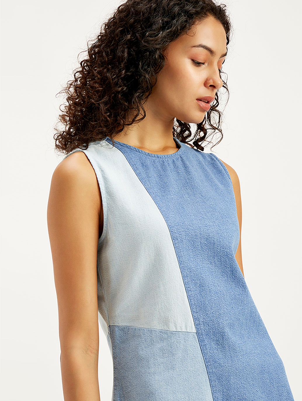 Women's Colorblock Blue Round Neck Mini Denim Dress - 082dabb6-7659-4716-a35d-079ba03547f8 View
