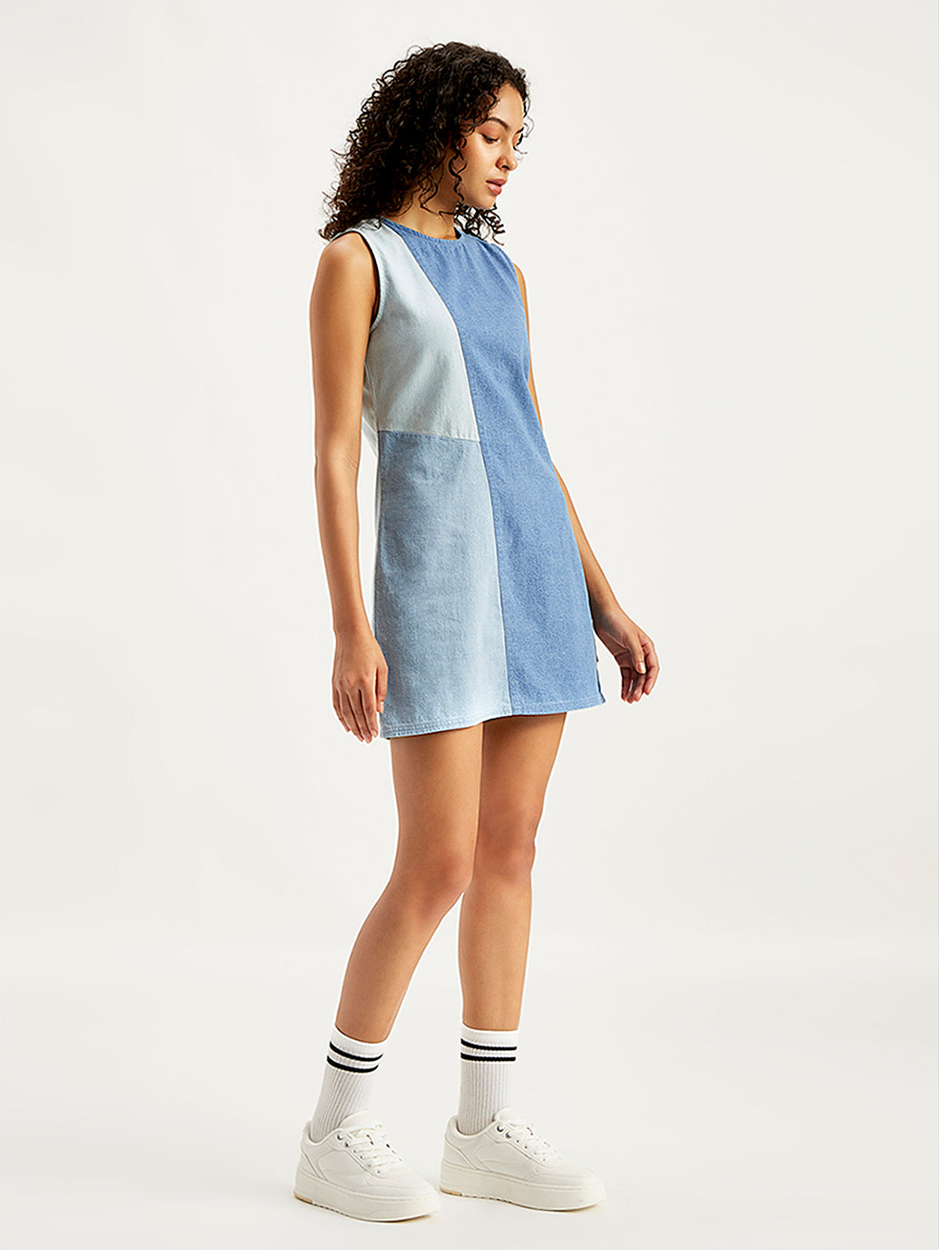 Women's Colorblock Blue Round Neck Mini Denim Dress - dddb0ddb-205e-4702-afc1-0a995299c5a0 View