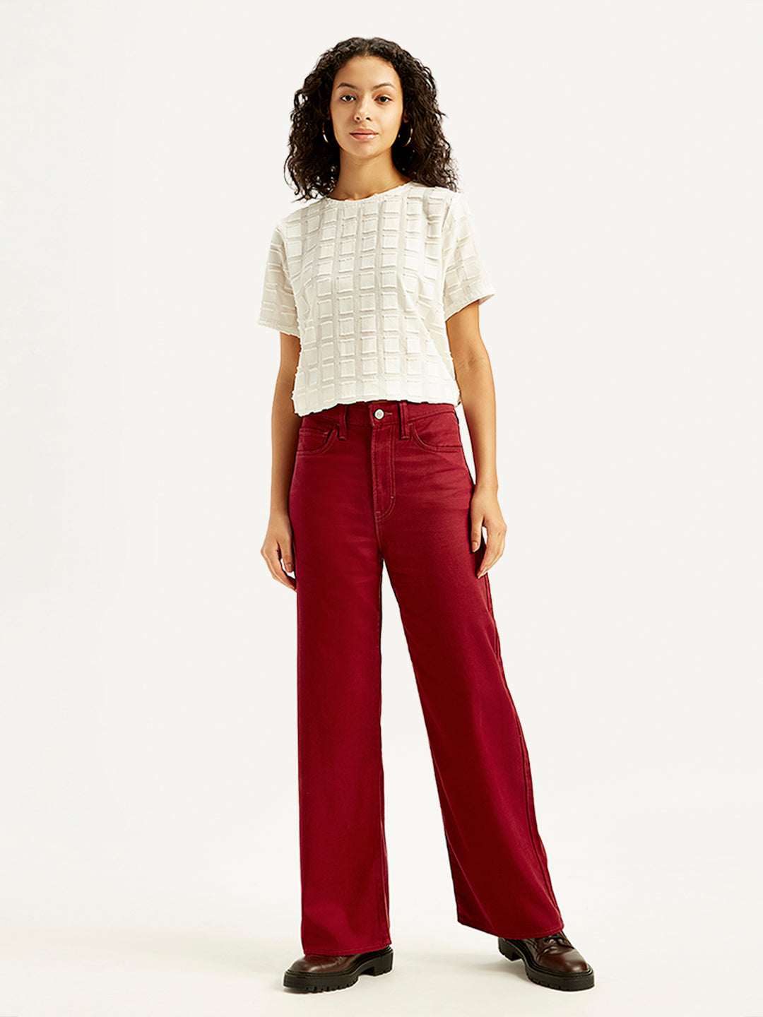 Women's Red Ribcage Bell Bottom Wide Leg Fit High Rise Jeans