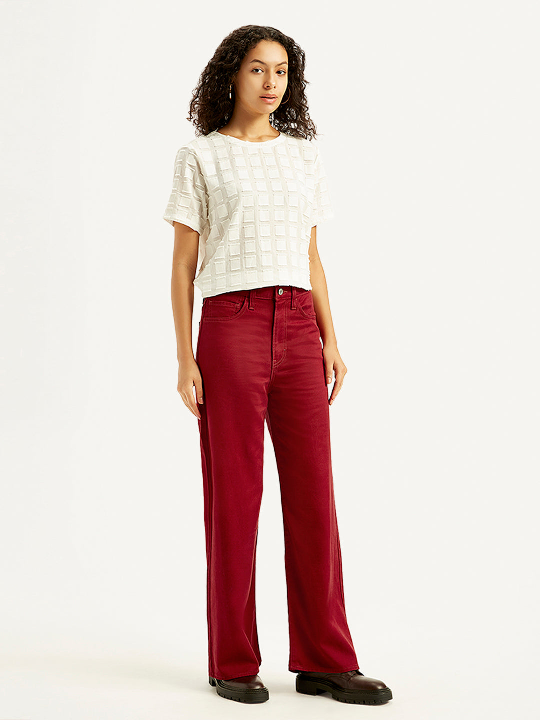 Women's Red Ribcage Bell Bottom Wide Leg Fit High Rise Jeans - Side View
