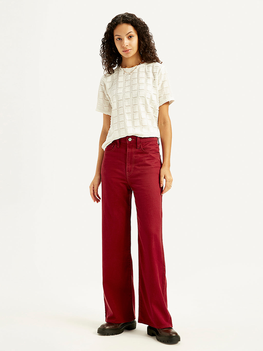 Women's Red Ribcage Bell Bottom Wide Leg Fit High Rise Jeans - Styleshot View