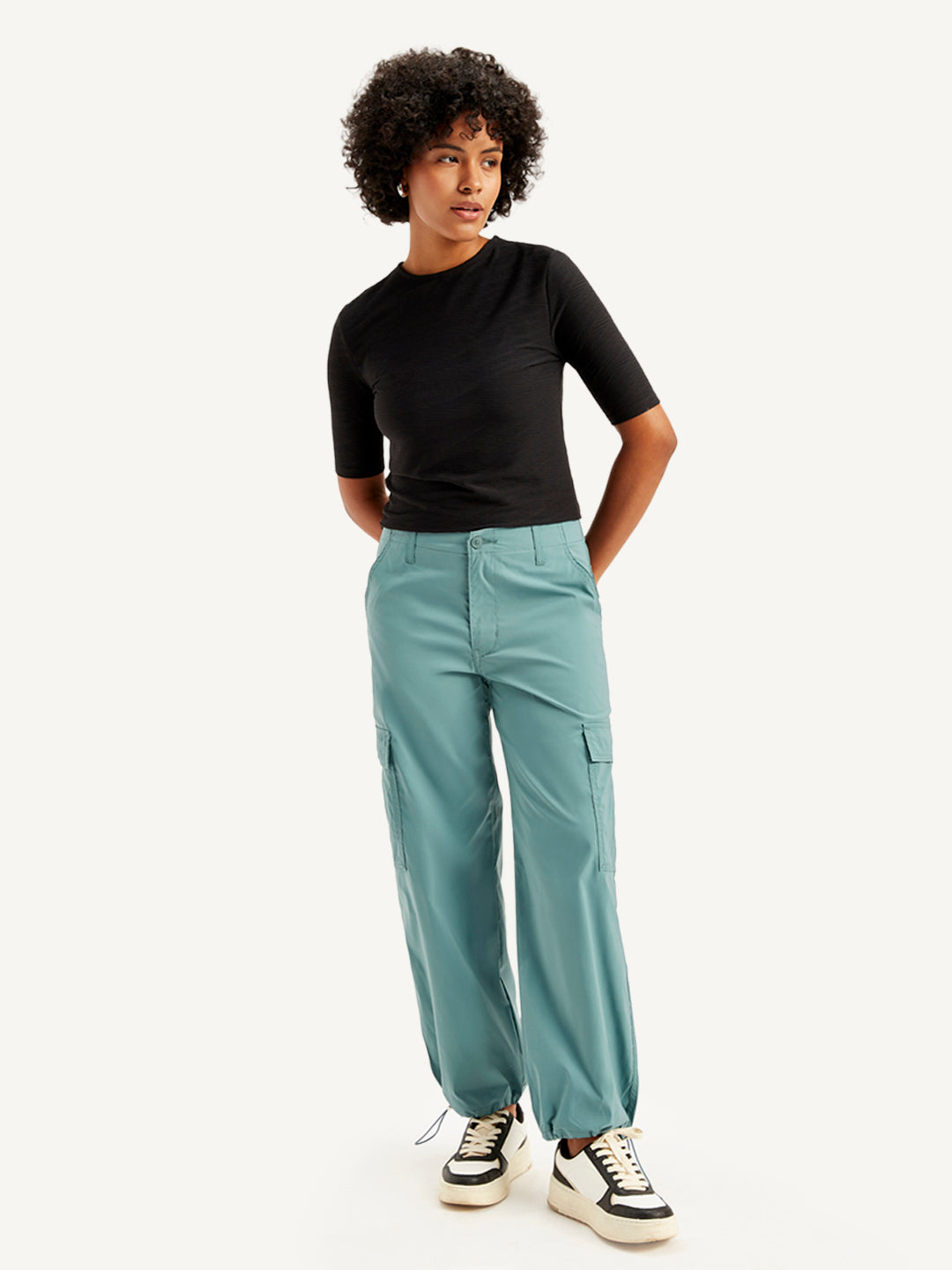 Women's Mid Rise Green Baggy Fit Cargo Trousers - Front View