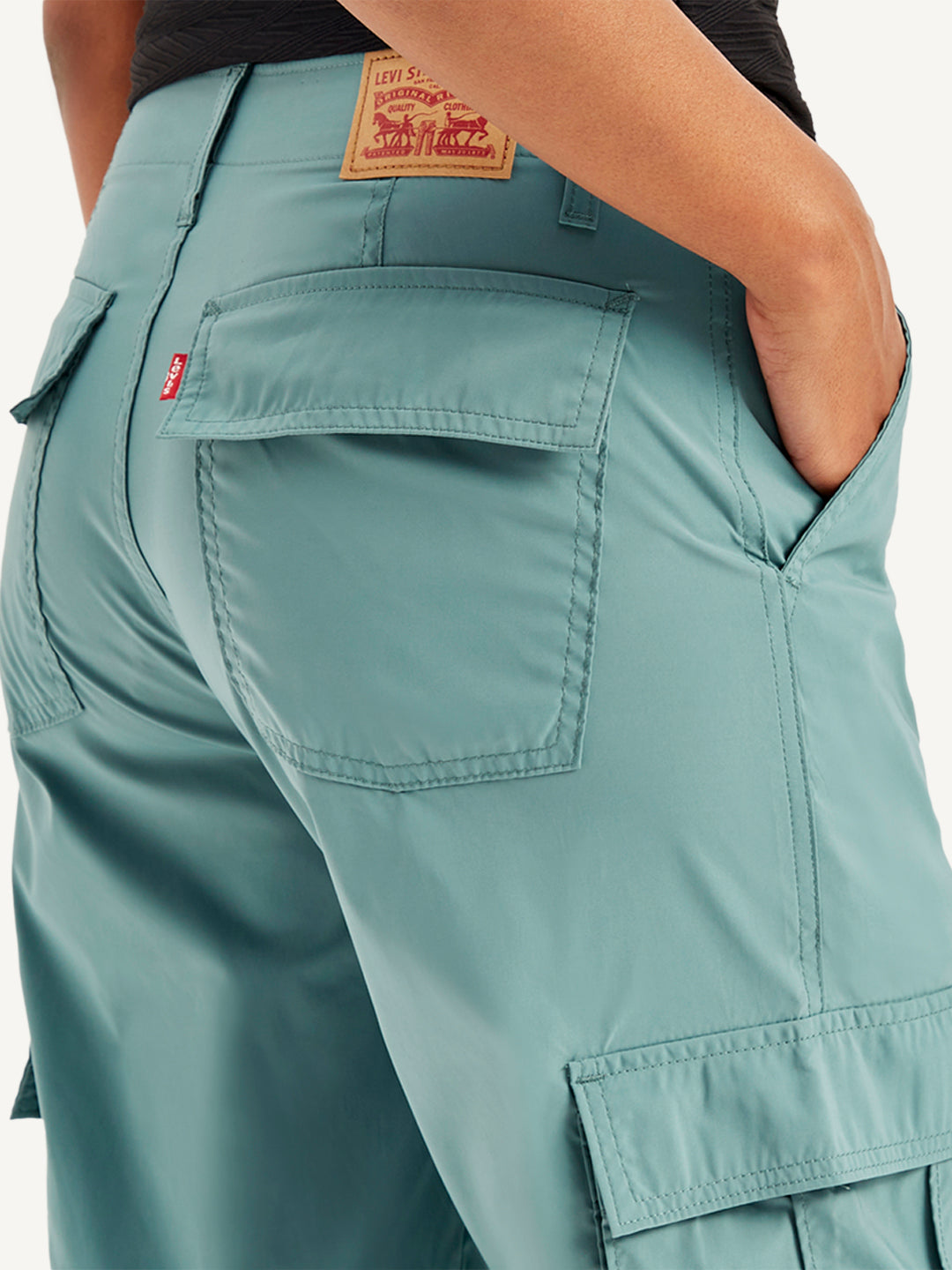 Women's Mid Rise Green Baggy Fit Cargo Trousers - Detail View