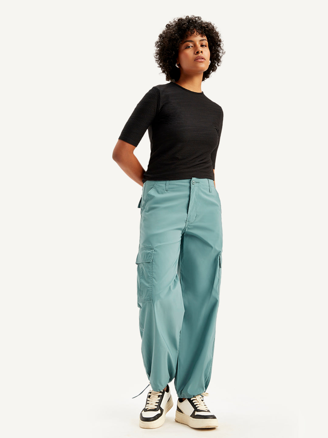 Women's Mid Rise Green Baggy Fit Cargo Trousers - Styleshot View