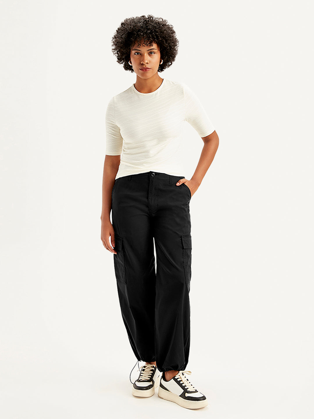 Women's Mid Rise Baggy Fit Cargo Trousers - Front View