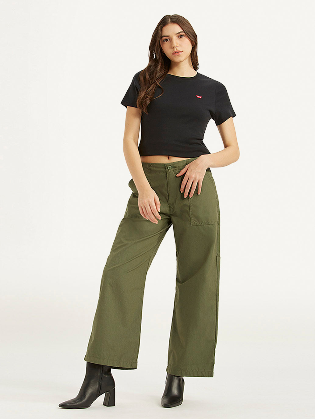 Women's Mid Rise Olive Baggy Cargo Trousers - 86969d00-12cb-4678-8fd1-1fde3dad2dfd View
