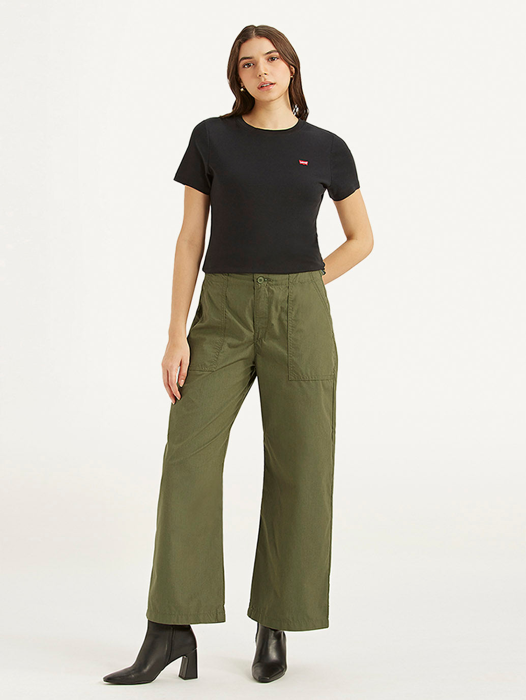 Women's Mid Rise Olive Baggy Cargo Trousers - 6b739eff-e395-407b-a132-5a6d916318be View