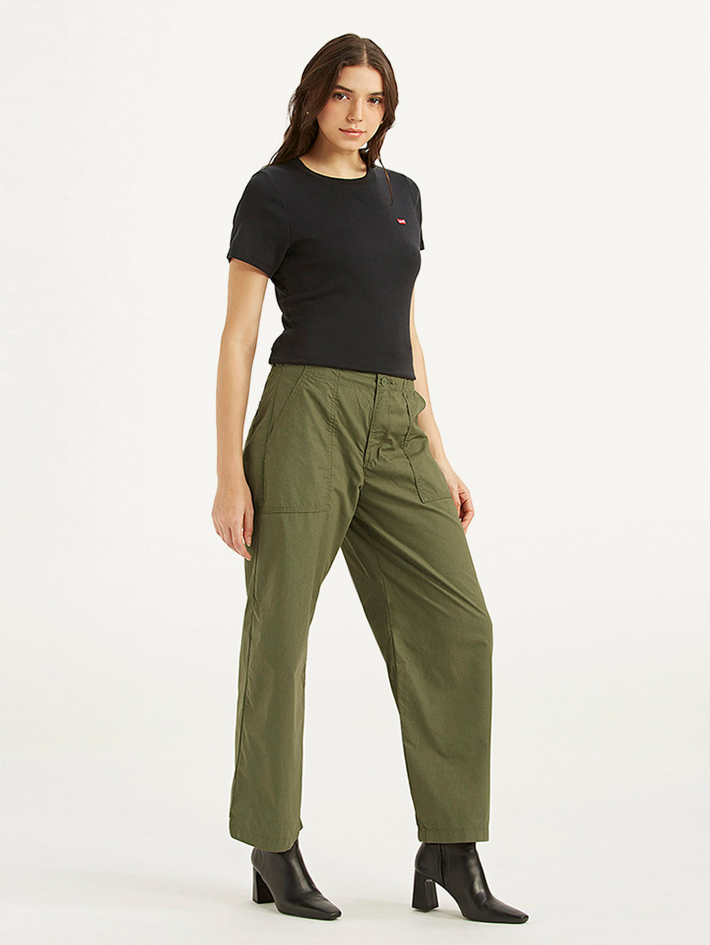 Women's Mid Rise Olive Baggy Cargo Trousers - f8ce5d95-0b10-4a78-82ac-a0108fcb7f08 View