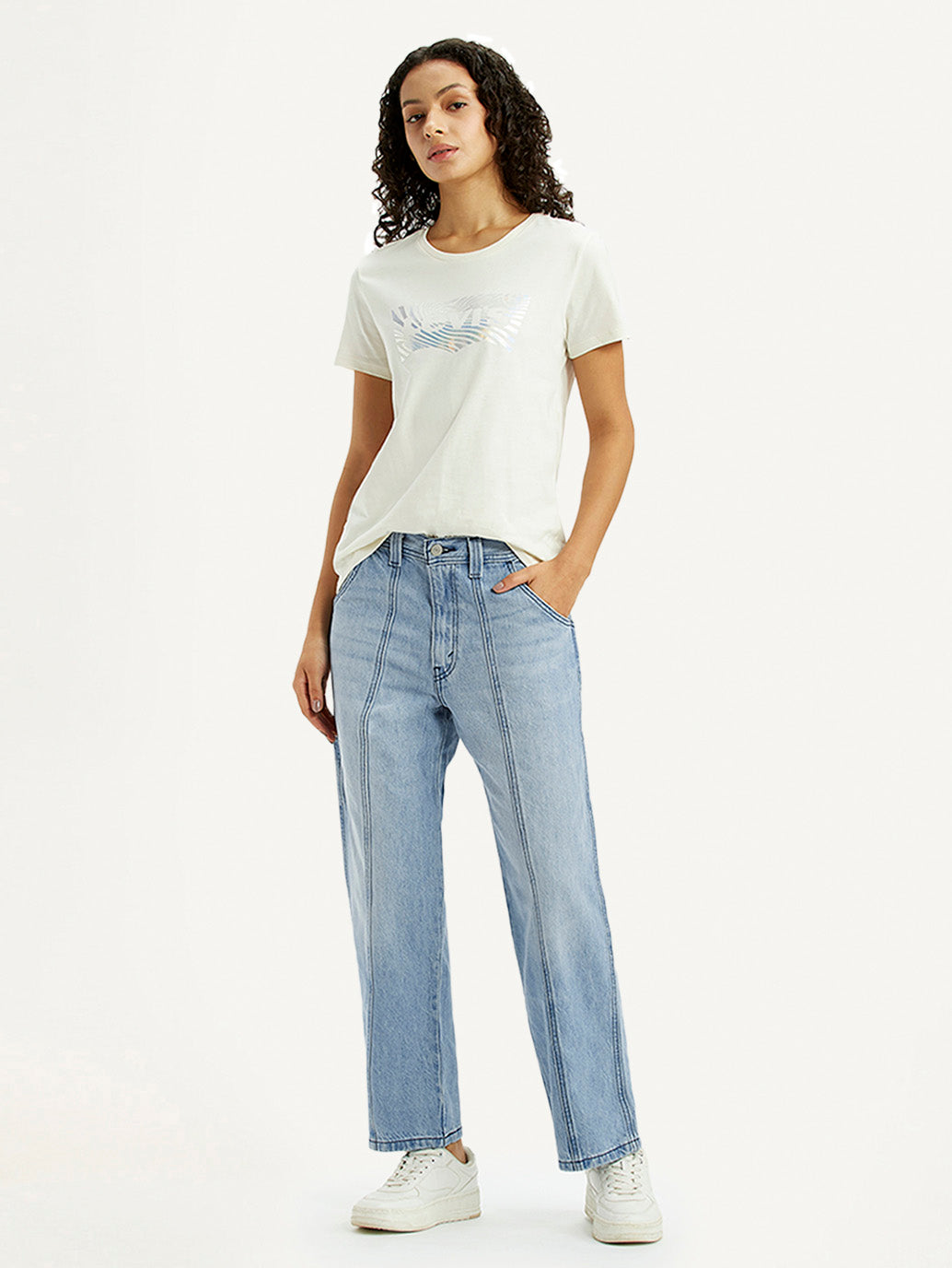 Women's Light Blue Baggy Loose Fit Carpenter Mid Rise Jeans - Styleshot View