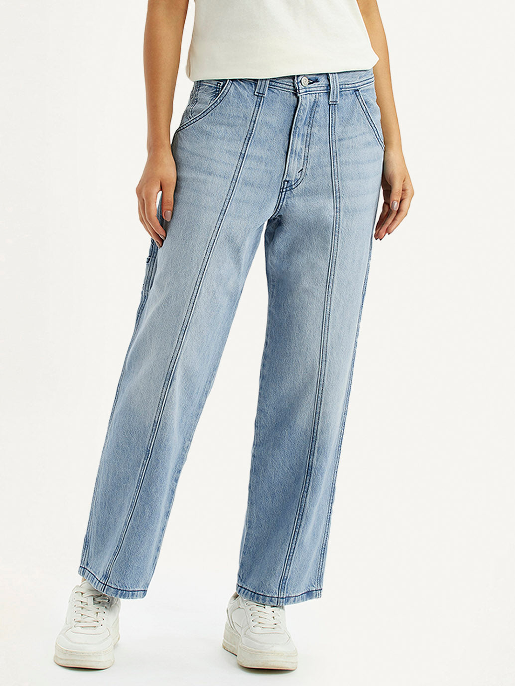 Women's Light Blue Baggy Loose Fit Carpenter Mid Rise Jeans - Front View